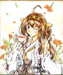  ahoge bare_shoulders boots brown_hair cup detached_sleeves double_bun hair_ornament hairband headgear japanese_clothes kantai_collection kongou_(kantai_collection) long_hair looking_at_viewer masana_hatuse purple_eyes skirt solo tea teacup wide_sleeves 