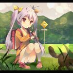  antenna_hair backpack bag blush dog grass hair_ribbon instrument lens_flare letterboxed long_hair miyauchi_renge music non_non_biyori orange_shirt panties pantyshot pantyshot_(sitting) pantyshot_(squatting) pigeon-toed playing_instrument purple_hair randoseru recorder red_eyes ribbon shiratama_(shiratamaco) shirt sign sitting skirt solo squatting twintails underwear 