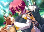  1girl antenna_hair bird blush cat dog game_cg katagiri_hinata koihime_musou outdoors pink_eyes pink_hair ryofu short_hair tattoo 