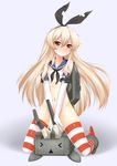  anchor blonde_hair blush bottomless brown_eyes elbow_gloves gloves hair_ornament hairband kantai_collection long_hair looking_at_viewer navel no_panties rensouhou-chan shimakaze_(kantai_collection) solo striped striped_legwear thighhighs torn_clothes white_gloves wolflong 