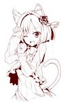  animal_ears cat_ears cat_tail fang flower fujy hair_flower hair_ornament idolmaster idolmaster_cinderella_girls looking_at_viewer maekawa_miku monochrome one_eye_closed open_mouth paw_pose rose short_hair simple_background smile solo tail white_background 