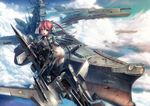  aircraft airplane areolae ass battleship bodysuit breasts cable cannon cloud green_eyes highres long_hair looking_at_viewer looking_back medium_breasts military military_vehicle ocean open_mouth original pointing red_hair sai_(abyss05) see-through ship sky smile solo twintails warship watercraft 
