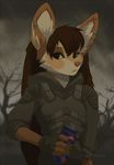  brown_fur brown_hair can canine ear_piercing fatigues female fennec fox fur hair jess koul mammal outside piercing s.t.a.l.k.e.r. solo tan_fur tree yellow_eyes 