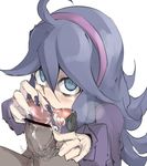  ahoge al_bhed_eyes aqua_eyes bags_under_eyes bar_censor blush censored cum cum_in_mouth cum_on_tongue fellatio fingernails hairband hex_maniac_(pokemon) jacket long_fingernails long_hair looking_at_viewer looking_up male_pubic_hair nail_polish open_mouth oral p_(tidoriashi) pale_skin penis pointless_censoring pokemon pokemon_(game) pokemon_xy pov pubic_hair purple_hair purple_jacket purple_nails simple_background solo_focus tongue tongue_out 