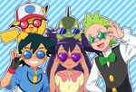  1girl 2boys alternate_costume animal axew black_hair cilan dark_skin dent dent_(pokemon) everyone gloves green_hair group happy hat iris iris_(pokemon) kibago long_hair multiple_boys necktie nintendo okonomi pikachu pokemon pokemon_(anime) purple_hair satoshi satoshi_(pokemon) short_hair smile star stars sunglasses tongue twintails 