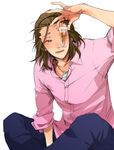  arm_support blush brown_hair denim dress_shirt drink drunk glass grin headband highres indian_style jeans jewelry long_hair looking_at_viewer male_focus messy_hair necklace one_eye_closed pants saliva shimogamo_yajirou shirt sitting sleeves_folded_up smile solo uchouten_kazoku white_background zkakq 