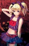  abstract_background bare_shoulders belt blonde_hair blue_eyes casper_(deathsmiles) collarbone cowboy_shot crop_top deathsmiles frills hair_ribbon highres midriff navel ribbon short_hair skirt skull sleeveless smile solo standing twintails v_over_eye yashoku 