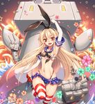  :3 anchor arm_up armpits black_panties blonde_hair brown_eyes ecell elbow_gloves explosion flower gloves hair_ornament highleg highleg_panties innertube kantai_collection long_hair looking_at_viewer microskirt navel open_mouth panties petals rensouhou-chan sailor_collar shimakaze_(kantai_collection) skirt smile solo star striped striped_legwear thighhighs underwear white_gloves wide_hips |_| 