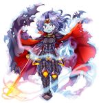  armor baddie_(p&amp;d) bat blue_skin cape capura_lin fang glowing_hands headband male_focus purple_hair puzzle_&amp;_dragons red_eyes solo sword vampire_lord_(p&amp;d) weapon 