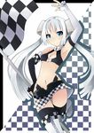  armpits bad_id bad_pixiv_id blue_eyes boots checkered checkered_flag checkered_skirt elbow_gloves fingerless_gloves flag gloves hair_bun highres keid long_hair midriff miss_monochrome miss_monochrome_(character) race_queen silver_hair skirt thighhighs twintails 