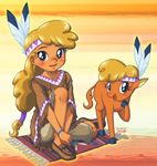  bandanna blanket blonde_hair blush bovine bracelet brown_eyes buffalo clothing desert duo equestria_girls feather female feral friendship_is_magic fur hair human humanized jewelry little_strongheart_(eg) little_strongheart_(mlp) long_hair looking_at_viewer mammal moccasins my_little_pony open_mouth ponytail sitting smile square_crossover uotapo warm_colors 