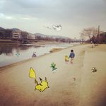  bridge child gen_1_pokemon gen_2_pokemon gen_4_pokemon hoira_(wheeler) holding_hands oddish park photo photo_background pikachu poke_ball pokemon pokemon_(creature) river riverbank sketch smoochum starly togekiss venonat vignetting wooper 