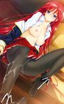  absurdres annoyed blue_eyes blush breasts classy_cranberry's crotch_seam cum cum_on_body cum_on_clothes cum_on_lower_body happoubi_jin high_heels highres kazanin_yukariko large_breasts long_hair looking_at_viewer nipples open_clothes open_shirt panties panties_under_pantyhose pantyhose red_hair shirt solo underwear very_long_hair white_panties 