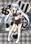  absurdres blue_eyes boots checkered checkered_skirt hair_bun highres long_hair midriff miss_monochrome miss_monochrome_(character) oune_yuu race_queen silver_hair skirt twintails waving 