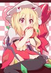  apple blonde_hair bow dress eating flandre_scarlet food fruit hat hat_bow hat_ribbon kan_lee kneehighs looking_at_viewer puffy_sleeves red_eyes ribbon short_hair side_ponytail solo touhou wings 