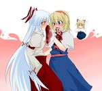  alice_margatroid blonde_hair blood blue_eyes blue_hair doll fujiwara_no_mokou hairband long_hair makoto_jon multiple_girls nosebleed red_eyes ribbon saliva shanghai_doll short_hair touhou 