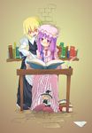  apron bad_id bad_pixiv_id blonde_hair blush book brick_wall character_doll chomoran crescent doll dress embarrassed hair_ribbon hand_on_hip hat inkwell kirisame_marisa multiple_girls nanatsuki patchouli_knowledge purple_eyes purple_hair quill reading ribbon sitting table touhou witch_hat yellow_eyes 