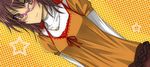 brown_eyes brown_hair camisole dutch_angle glasses isya kujikawa_rise long_sleeves looking_at_viewer persona persona_4 red-framed_eyewear short_hair simple_background solo star twintails yellow_background 
