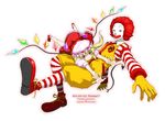  1girl black_eyes blonde_hair clown facepaint flandre_scarlet hits mcdonald's oso_(toolate) red_eyes red_hair ronald_mcdonald short_hair smile touhou wings 