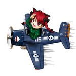  :d aircraft airplane animal_ears braid cat_ears commentary_request extra_ears f6f_hellcat fang kaenbyou_rin military open_mouth red_eyes red_hair sakurato_tsuguhi salute smile solo touhou twin_braids world_war_ii 