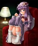  bad_id bad_pixiv_id blue_eyes book hat lamp long_hair mochi.f patchouli_knowledge purple_hair reading ribbon socks solo touhou 