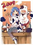  2009 :p akeome alcohol animal_print bad_id bad_pixiv_id blue_hair bottle brown_eyes chinese_zodiac choko_(cup) copyright_request cow cow_print cup food fruit happy_new_year horns kagami_mochi kine mallet mandarin_orange new_year pantyhose sake shati socks sweater tongue tongue_out year_of_the_ox 