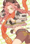  2009 animal_ears animal_print bad_id bad_pixiv_id belt bike_shorts braid chinese_zodiac copyright_request cow_ears cow_girl cow_print cowboy_hat fringe_trim green_eyes hat horns jacket new_year orange_scarf osamu_(jagabata) pink_hair scarf solo tail twin_braids twintails western year_of_the_ox 