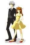  1girl blue_eyes couple dress formal grey_hair hair_ornament hairclip height_difference hetero highres nagisa_kaworu necktie neon_genesis_evangelion orange_hair red_eyes regain shoes souryuu_asuka_langley suit yellow_dress 