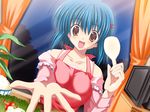  :d apron blue_hair brown_eyes dutch_angle food game_cg hair_ornament hairclip mankitsu!_~comic_cafe_e_youkoso!~ maruchan. non-web_source open_mouth rice rice_spoon short_hair smile solo 