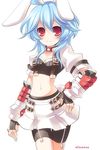  animal_ears artist_request blue_hair bunny_(trickster) bunny_ears choker fingerless_gloves gloves lowres midriff red_eyes skirt solo trickster 