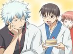  2boys bad_id bad_pixiv_id black_hair blue_hair brown_eyes cake food fork frown gintama glasses hadanugi_dousa japanese_clothes kagura_(gintama) kimono long_sleeves maruki_(punchiki) mouth_hold multiple_boys open_mouth pastry plate sakata_gintoki shimura_shinpachi short_hair short_sleeves slice_of_cake yellow_background 