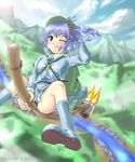  ;q backpack bad_id bad_pixiv_id bag blue_eyes blue_hair boots broom broom_riding day hand_on_headwear hat kawashiro_nitori key mochi.f mountain one_eye_closed river short_hair sky solo swimsuit swimsuit_under_clothes tongue tongue_out touhou two_side_up 