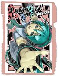  2009 :d aqua_hair aqua_neckwear arm_up detached_sleeves from_above hatsune_miku long_sleeves looking_at_viewer looking_up nakabayashi_reimei necktie new_year number open_mouth outstretched_arm palms pov smile solo tattoo vocaloid 