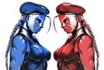  antenna_hair artist_request beret blue_eyes braid breasts cammy_white dual_persona hat large_breasts leotard long_hair multiple_girls muscle red_eyes scar single_braid street_fighter 