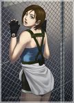  against_fence azasuke back blue_eyes brown_hair chain-link_fence fence fingerless_gloves gloves highres jill_valentine looking_back miniskirt open_mouth pencil_skirt resident_evil resident_evil_3 short_hair skirt solo 