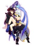  1girl baul blue_footwear boots embarrassed judith knee_boots pointy_ears shiratama_moyashi sitting tales_of_(series) tales_of_vesperia yuri_lowell 