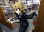  2girls ahoge aqua_eyes artoria_pendragon_(all) bad_id bad_pixiv_id berserker_(fate/zero) black_gloves blonde_hair book bookstore fate/zero fate_(series) formal gloves multiple_girls open_mouth pant_suit peeking_out saber shop short_hair stalking suit sweatdrop ubu 