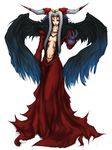  arm_up black_wings breasts claws cleavage dissidia_final_fantasy dizzy_(artist) dress final_fantasy final_fantasy_viii horns long_hair medium_breasts navel no_bra red_dress revealing_clothes silver_hair solo tattoo ultimecia wings 