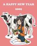  2009 ahoge animal_print chinese_zodiac copyright_request cow cow_print happy_new_year hashi new_year solo thighhighs year_of_the_ox 