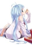  antenna_hair arm_support barefoot blue_eyes blue_hair buriki denpa_onna_to_seishun_otoko eating food from_behind holding_pizza long_hair looking_back pizza pizza_box sitting skirt solo touwa_erio very_long_hair 