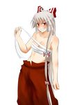  bangs breasts fujiwara_no_mokou grin long_hair makoto_jon medium_breasts naughty_face pants red_eyes ribbon sarashi smile solo touhou undressing white_hair 