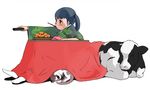  bad_id bad_pixiv_id blue_hair blush cat controller copyright_request cow food fruit guitar_(guitars) holding japanese_clothes kimono kotatsu mandarin_orange mouth_hold pocky remote_control side_ponytail socks solo table 