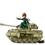  animal_ears braid cat_ears cat_tail caterpillar_tracks fang ground_vehicle kaenbyou_rin m18_hellcat military military_vehicle miyako_(ta183) motor_vehicle object_namesake on_vehicle red_eyes red_hair ribbon solo tail tank tank_destroyer touhou transparent_background twin_braids 