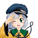  cosplay erich_hartmann erich_hartmann_(cosplay) green_eyes hat iron_cross komeiji_koishi medal military military_uniform one_eye_closed peaked_cap sakurato_tsuguhi salute short_hair silver_hair solo swastika touhou uniform world_witches_series 