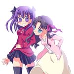  blue_eyes brown_hair cosplay costume_switch fate/stay_night fate_(series) kiba_(sonomama) matou_sakura matou_sakura_(cosplay) multiple_girls purple_eyes purple_hair ribbon thighhighs toosaka_rin toosaka_rin_(cosplay) two_side_up zettai_ryouiki 