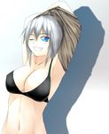  armpits arms_up bad_id bad_pixiv_id blue_eyes bra breasts cleavage grin kiryuu_sayane large_breasts lingerie one_eye_closed onibi_(foxhound4185) original shirt_lift silver_hair smile solo underwear undressing 