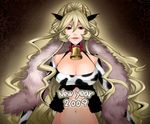  2009 animal_ears animal_print bad_id bad_pixiv_id bell blonde_hair breasts chimachi cleavage cow_bell cow_ears cow_print horns large_breasts long_hair navel new_year original solo very_long_hair 