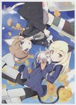  absurdres animal_ears blonde_hair blue_eyes bottomless braid breasts brown_hair cup glasses highres lynette_bishop multiple_girls necktie pantyhose perrine_h_clostermann scan shimada_fumikane single_braid small_breasts strike_witches tail tea teacup world_witches_series yellow_eyes 