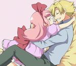  1girl alternate_hairstyle anya_alstreim bad_id bad_pixiv_id blonde_hair blush code_geass couple dress gino_weinberg grin hetero hug long_hair maruki_(punchiki) pink_hair smile 