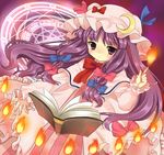  book bow dodecagram fire hair_bow hanabana_tsubomi hat magic_circle open_book patchouli_knowledge pink_bow pointing purple_background purple_eyes purple_hair solo touhou 